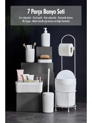 7 Parça Beyaz Banyo Seti Metal Stantlı Kovalı Wc Kağıtlık Kozmetik Kutusu Diş Fırçalık Ve Sabunlukla