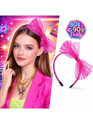 80’ler 90’lar Neon Pembe Dantel Taç Fiyonklu