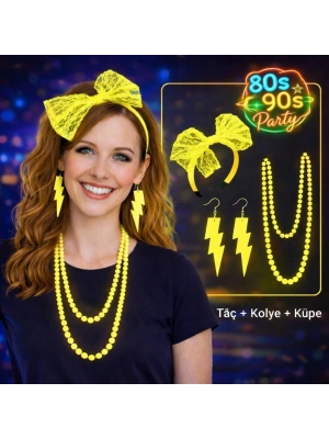 80’ler 90’lar Neon Sarı Parti Seti – Kolye Küpe Taç