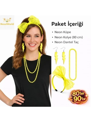 80’ler 90’lar Neon Sarı Parti Seti – Kolye Küpe Taç