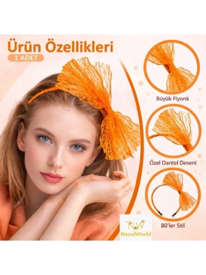 80’ler 90’lar Neon Turuncu Dantel Taç Fiyonklu