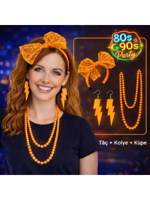 80’ler 90’lar Neon Turuncu Parti Seti – Kolye Küpe Taç