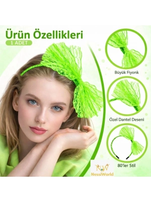 80’ler 90’lar Neon Yeşil Dantel Taç Fiyonklu