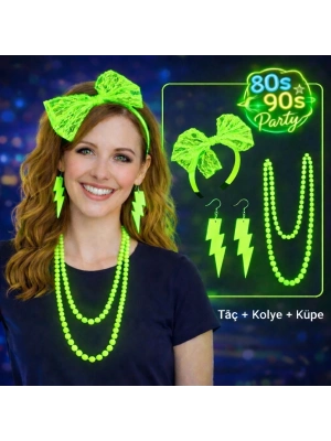 80’ler 90’lar Neon Yeşil Parti Seti – Kolye Küpe Taç