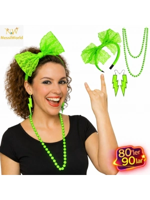 80’ler 90’lar Neon Yeşil Parti Seti – Kolye Küpe Taç