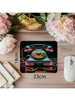 80’ler Stili Neon Telefon Tasarımlı Mousepad - 19x23 cm 2 mm Dikdörtgen İthal Baskılı Mouse Pad
