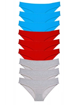 9 adet Süper Eko Set Likralı Kadın Slip Külot Kırmızı Gri Mavi