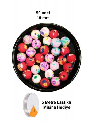 90 Adet 10 mm Polimer Kil Fimo Boncuk Takı Bileklik + 5 Metre Lastikli Misina Hediye - Desenli Yuvarlak