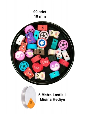 90 Adet 10 mm Polimer Kil Fimo Boncuk Takı Bileklik + 5 Metre Lastikli Misina Hediye - Karışık Renkli