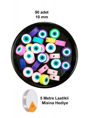 90 Adet 10 mm Polimer Kil Fimo Boncuk Takı Bileklik + 5 Metre Lastikli Misina Hediye - Nazar Boncuğu