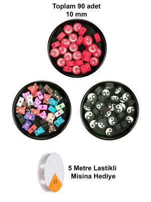 90 Adet 10 mm Polimer Kil Fimo Boncuk Takı Bileklik + 5 Metre Misina Hediye - Ayıcık - Bayrak - Yin Yang