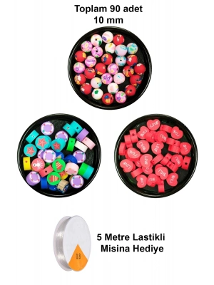 90 Adet 10 mm Polimer Kil Fimo Boncuk Takı Bileklik + 5 Metre Misina Hediye - Deniz - Kalp - Yuvarlak