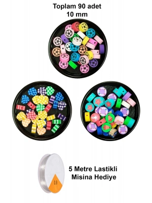 90 Adet 10 mm Polimer Kil Fimo Boncuk Takı Bileklik + 5 Metre Misina Hediye - Kalp - Deniz - Çiçek
