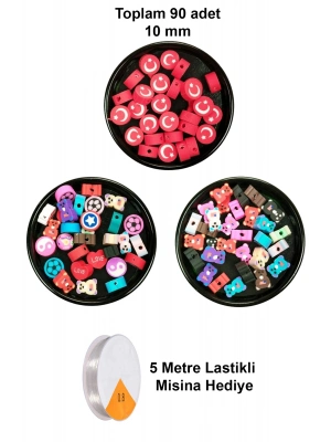 90 Adet 10 mm Polimer Kil Fimo Boncuk Takı Bileklik + 5 Metre Misina Hediye - Karışık - Bayrak - Ayıcık