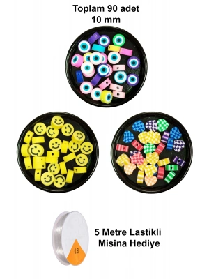 90 Adet 10 mm Polimer Kil Fimo Boncuk Takı Bileklik + 5 Metre Misina Hediye - Smile - Kalp - Nazar