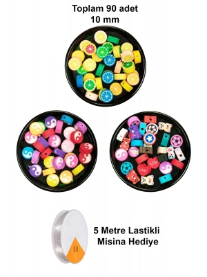 90 Adet 10 mm Polimer Kil Fimo Boncuk Takı Bileklik + 5 Metre Misina Hediye - Yin Yang - Karışık - Limon