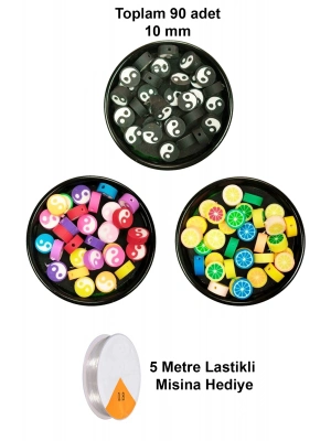 90 Adet 10 mm Polimer Kil Fimo Boncuk Takı Bileklik + 5 Metre Misina Hediye - Yin Yang - Yin Yang - Limon