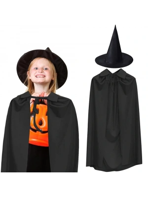 90 Cm Siyah Yakalı Pelerin Ve Siyah Cadı Şapkası Kostüm Seti
