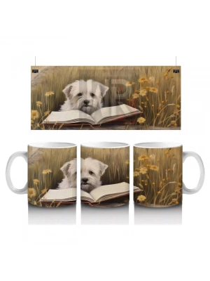 Açık Kitap Üzerinde Oturan Gözlüklü Yavru Köpek – Baskılı Kahve Kupası