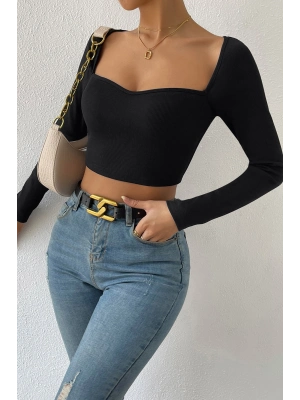 Kadın Siyah Uzun Kol Göğüs Dekolteli Şık Crop Top Bluz