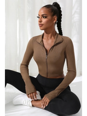 Kadın Kahverengi Uzun Kol Fermuarlı Parmak Geçme Detaylı Dik Yaka Crop Top Bluz