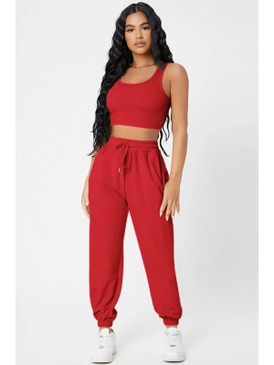 Kadın Kırmızı Kaşkorse Cepli Jogger Eşofman Altı ve Crop Top Bluz