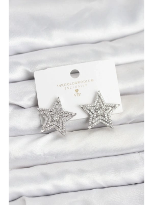 Gümüş Renk Pirinç Zirkon Taşlı Yıldız Model Kadın Küpe