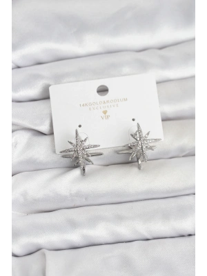 Gümüş Renk Pirinç Çift Taraflı Kutup Yıldızı Kadın Küpe