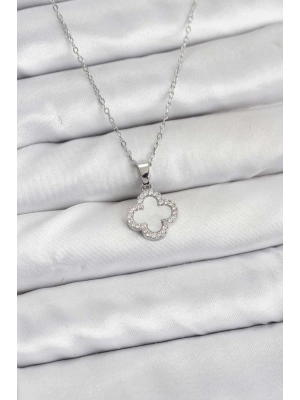 316L Çelik Zincir Gümüş Renk Sedefli Yonca Kadın Kolye