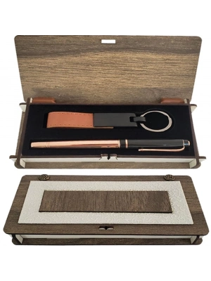 Ahşap Kutulu Bakır Kalem Anahtarlık Set
