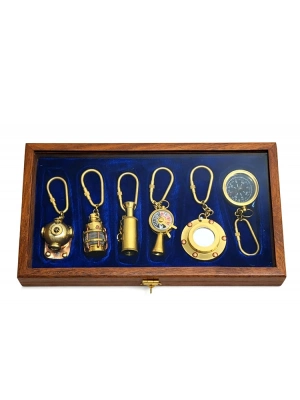 Ahşap Kutulu Denizci Temalı Pirinç Anahtarlık Seti