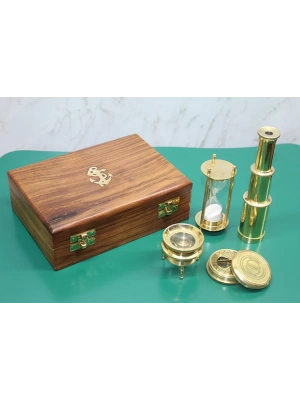 Ahşap Kutulu Dürbün, Kum Saati, Büyüteç, Pusula Seti