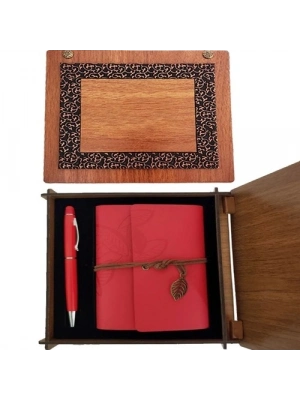 Ahşap Kutulu Kırmızı Deri Defter ve Metal Kalem Set