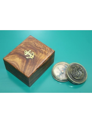 Ahşap Kutulu Pirinç Pusula Ejderha Desenli