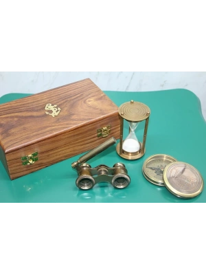 Ahşap Kutulu Pirinç Pusula, Kum Saati, Dürbün Seti