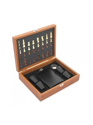 Ahşap Kutulu Satrançlı Matara Seti 8 oz Siyah Renk