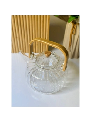 Ahşap Saplı Cam Çizgili Demlik