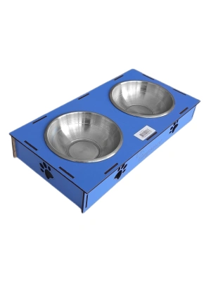 Ahşap Sehpalı İkili Devrilmez Kedi Köpek Su Ve Mama Kabı 34 cm - 300 ml Mavi