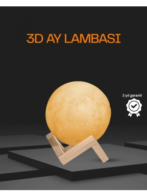 ® Ahşap Standlı 3D Baskı Ay Lambası 16 Renkli ve Şarjlı