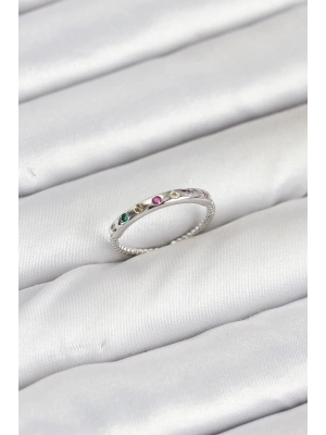 Pirinç Gümüş Renk Renkli Zirkon Taşlı Kadın Yüzük