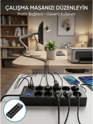 Akım Korumalı 10lu Çoklu Priz USB-A ve Type-C Şarj Çıkışlı
