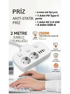 ® Akım Korumalı 2500W Güçlü 3 USB + Type-C Portlu Çoklu Priz | Hızlı Şarj, Çocuk Kilidi, 2 METRE