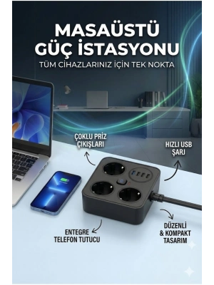 ® AKIM KORUMALI Avrupa Soket Kartı Tip-C Usb 2 m Uzatma Kablosu Emniyet Anahtarı ile