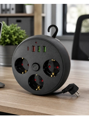 Akım Korumalı Çoklu Priz 3 Priz 3 USB 1 Type C 2 Metre Kablo Güvenli Şarj