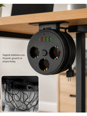 Akım Korumalı Priz USB ve Type C Girişli 3lü Priz 2 Metre Kablo Dayanıklı