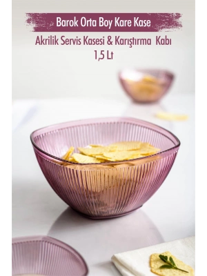 Akrilik Barok Mürdüm Orta Boy Kare Meyve & Salata Kasesi & Karıştırma Kabı / 1,5 Lt  (CAM DEĞİLDİR)