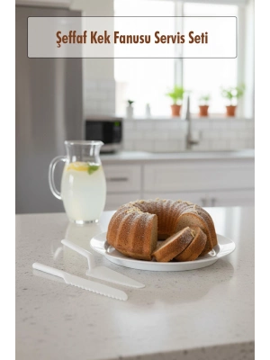 Akrilik Beyaz Kek Fanusu ve Servis Seti - 33 x 39 x 14 cm