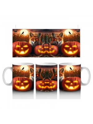 Alevli Balkabakları ve Mum Işığıyla Sıcak Tonlu Cadılar Bayramı Baskılı Kupa Bardak