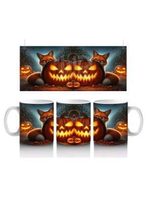 Alevli Gözleriyle Gülümseyen Balkabağı Figürlü Korku Temalı Cadılar Bayramı Baskılı Kupa Bardak