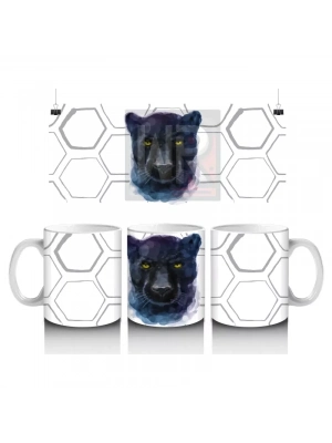 Altıgen Desen Üzerinde Mor Gözlü Panter Portresi – Baskılı Kahve Kupası